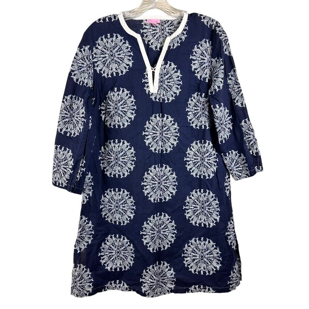 Lilly Pulitzer Navy Blue Printed Beach Cover-Up Tunic Dress Long Sleeve Resort - Picture 2 of 11